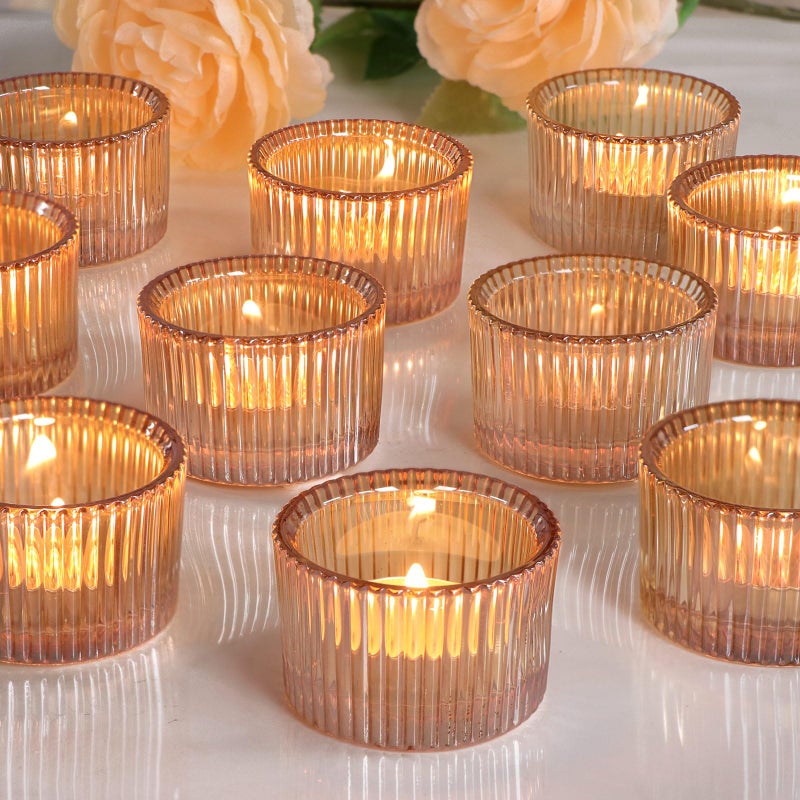 Lanttu مجموعة حامل شموع Lanttu Tealight مكونة من 12 حامل شموع نذرية ذهبية صغيرة لقطعة مركزية من الزجاج حامل شموع ضوء الشاي للحفلات والمنزل وديكور زفاف عيد الميلاد (قطر 2 بوصة × 1.4 بوصة ارتفاع) - Image 1